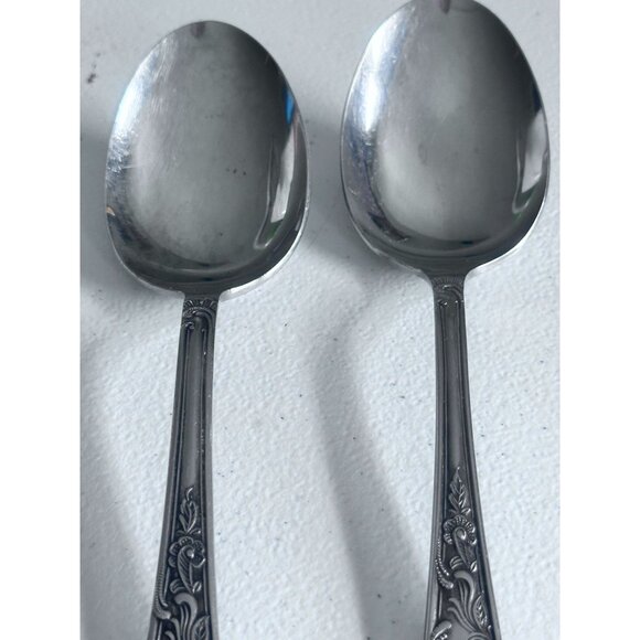 Vtg Amefa Holland Stainless Set Large Serving Spoons Satin Scroll Leaf Flatware - Picture 2 of 10
